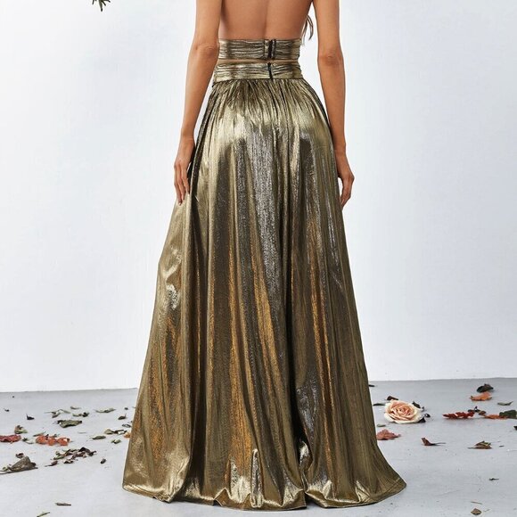 Bronze Women's Cross Wrap Front Backless Metallic Halter Wide Leg Jumpsuit - Picture 2 of 6